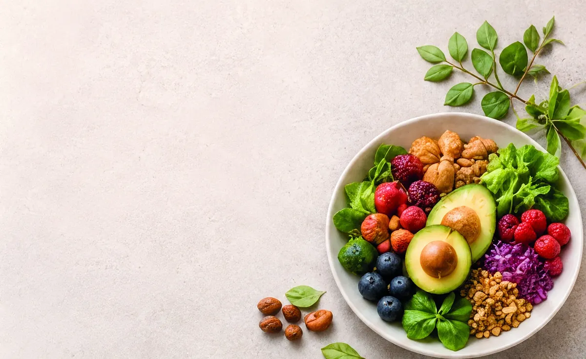 Bunte Bowl mit frischem Obst, Gemüse und Nüssen